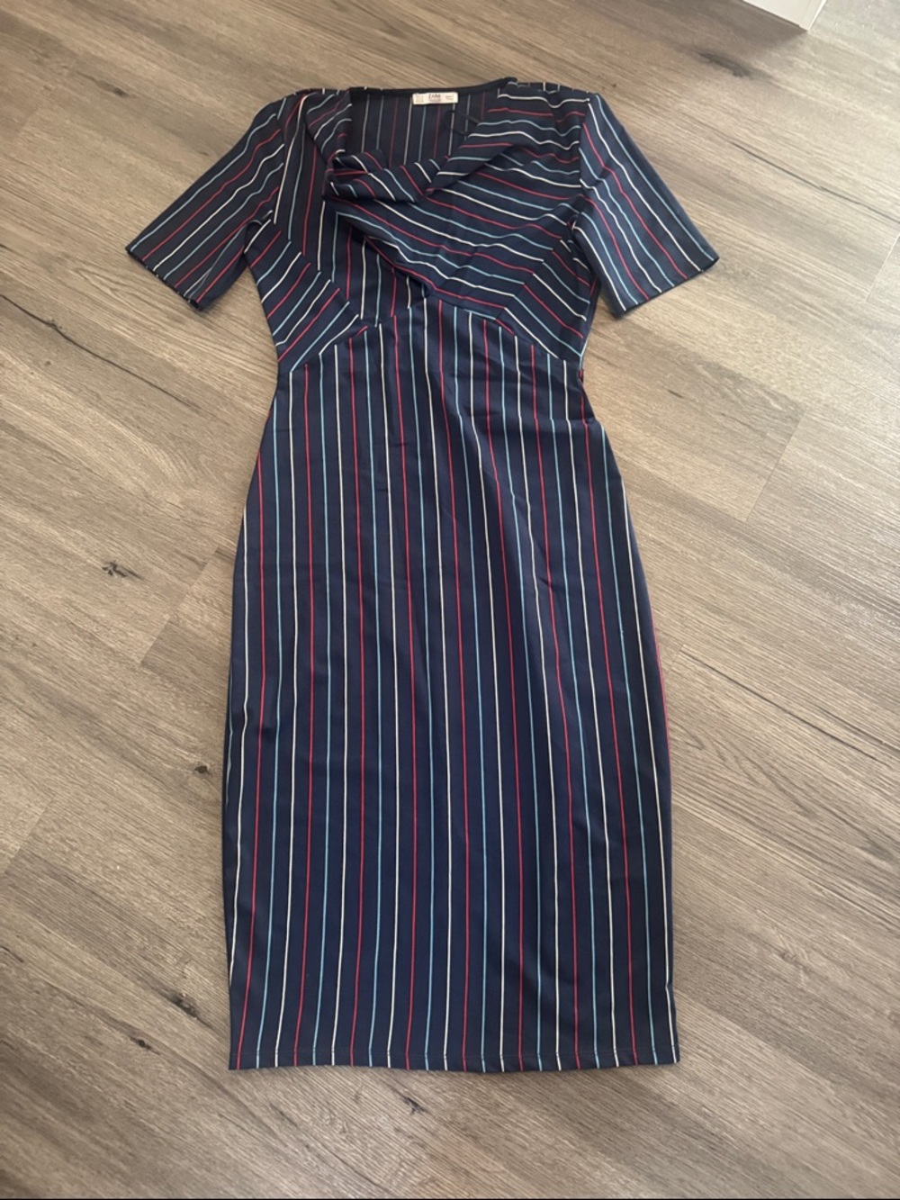 Zara Navy Midi Dress with Red & White Pinstripes